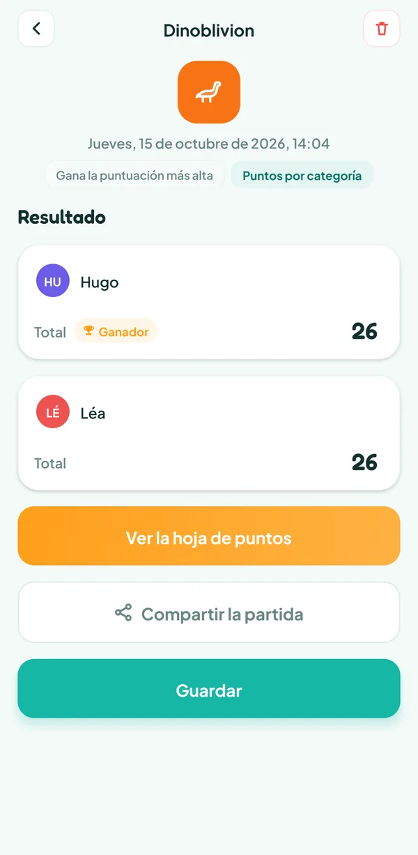 Pantalla de Teamzy: la partida de Dinoblivion en el historial, ganada por Hugo