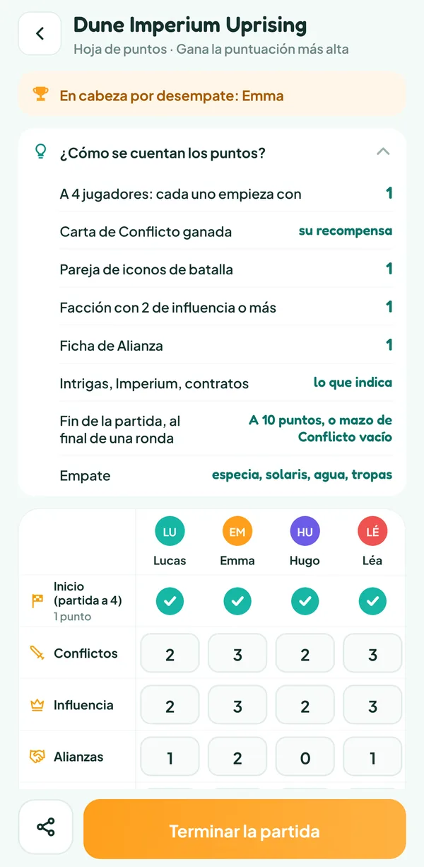 Pantalla de Teamzy: la ayuda «¿Cómo se cuentan los puntos?» de Dune Imperium Uprising, con el origen de cada punto de victoria, el final de la partida y el orden del desempate