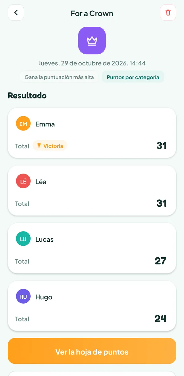 Pantalla de Teamzy: la partida de For a Crown en el historial, ganada por Emma