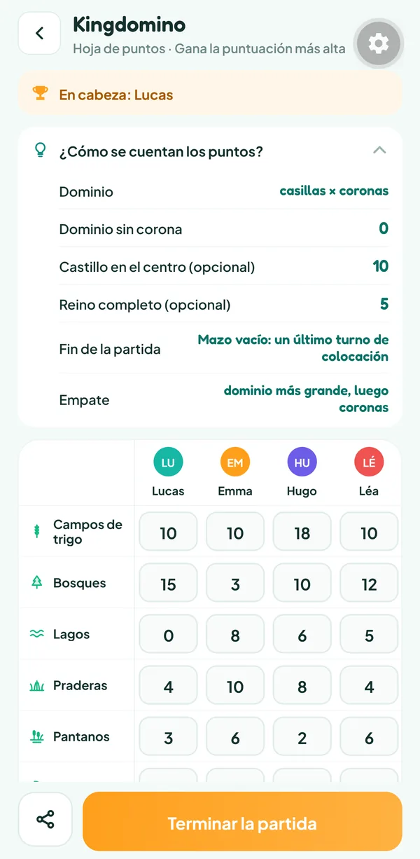 Pantalla de Teamzy: la ayuda "¿Cómo se cuentan los puntos?" de Kingdomino, con el valor de un dominio, de las dos bonificaciones y del desempate