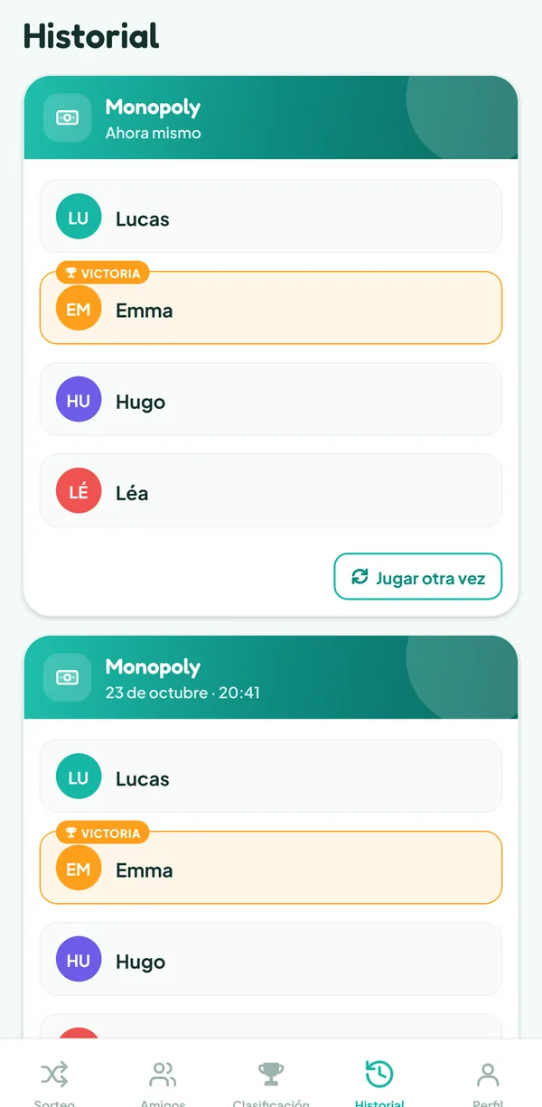 Pantalla de Teamzy: la partida de Monopoly en el historial, ganada por Emma