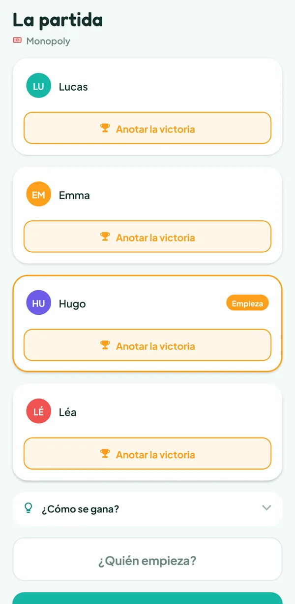 Pantalla de Teamzy: la partida de Monopoly con Lucas, Emma, Hugo y Léa, todos contra todos, y Hugo que empieza