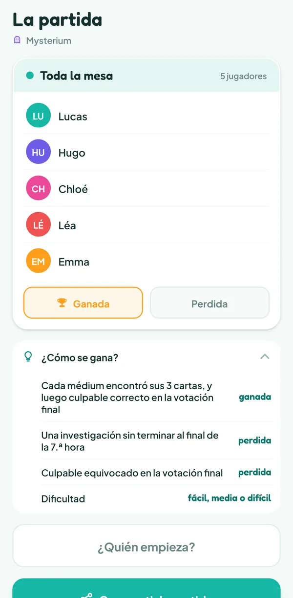 Pantalla de Teamzy: la ayuda "¿Cómo se gana?" de Mysterium abierta: "Cada médium encontró sus 3 cartas, y luego culpable correcto en la votación final: ganada", "Una investigación sin terminar al final de la 7.ª hora: perdida", "Culpable equivocado en la votación final: perdida", "Dificultad: fácil, media o difícil"