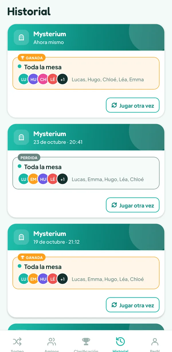 Pantalla de Teamzy: el historial, la partida de Mysterium ganada "Ahora mismo" arriba, con las etiquetas Ganada y Toda la mesa, y luego una partida perdida y una ganada