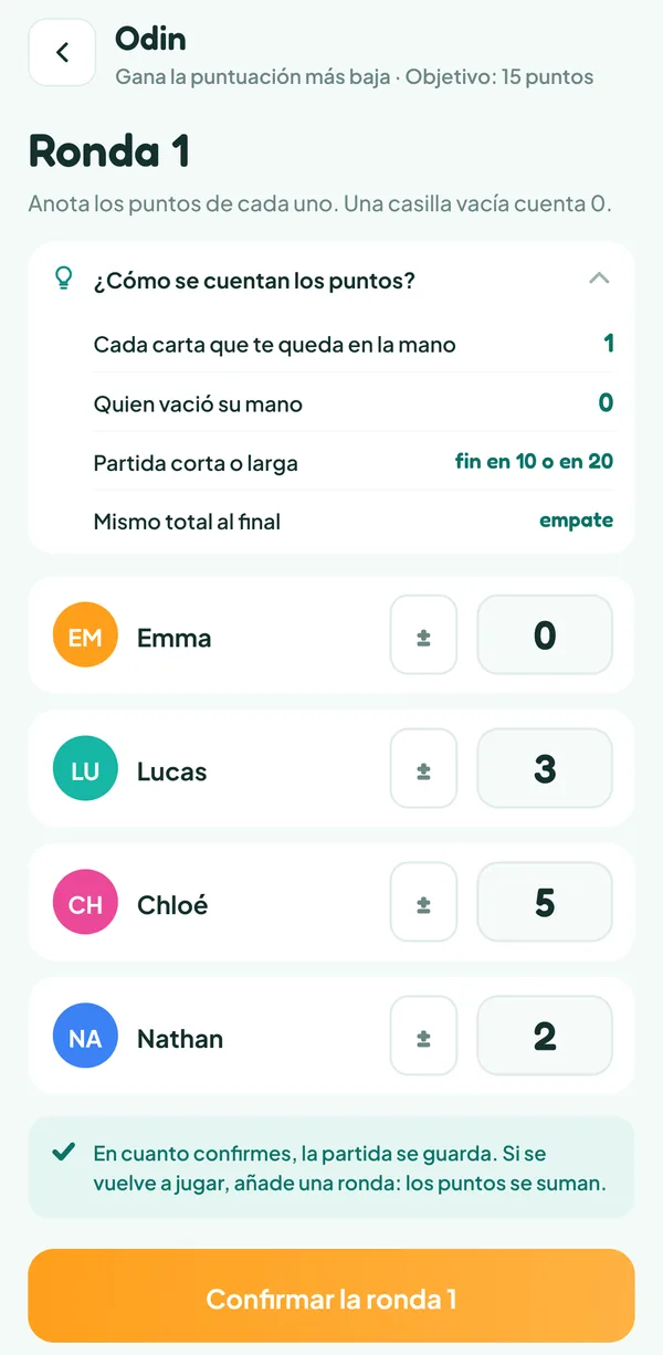 Pantalla de Teamzy: entrada de la ronda 1 de Odin con la ayuda «¿Cómo se cuentan los puntos?» abierta (cada carta que te queda en la mano, 1; quien vació su mano, 0; partida corta o larga, fin en 10 o en 20; mismo total al final, empate), Emma 0, Lucas 3, Chloé 5 y Nathan 2