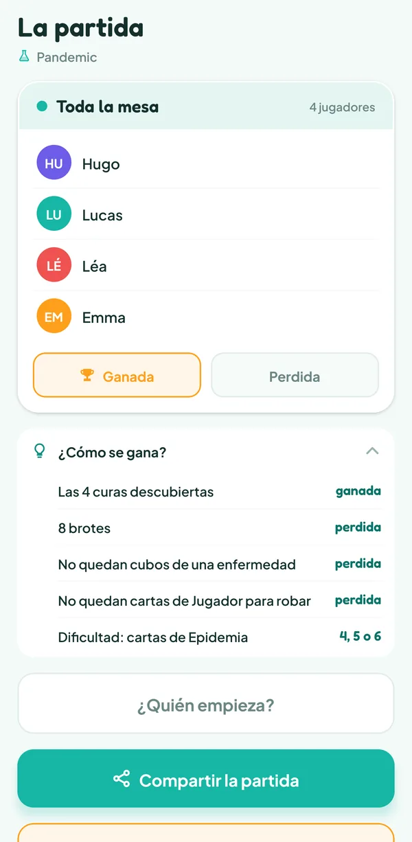 Pantalla de Teamzy: la ayuda "¿Cómo se gana?" de Pandemic: las 4 curas descubiertas son victoria; 8 brotes, sin cubos o sin cartas de Jugador son derrota; dificultad de 4, 5 o 6 cartas de Epidemia