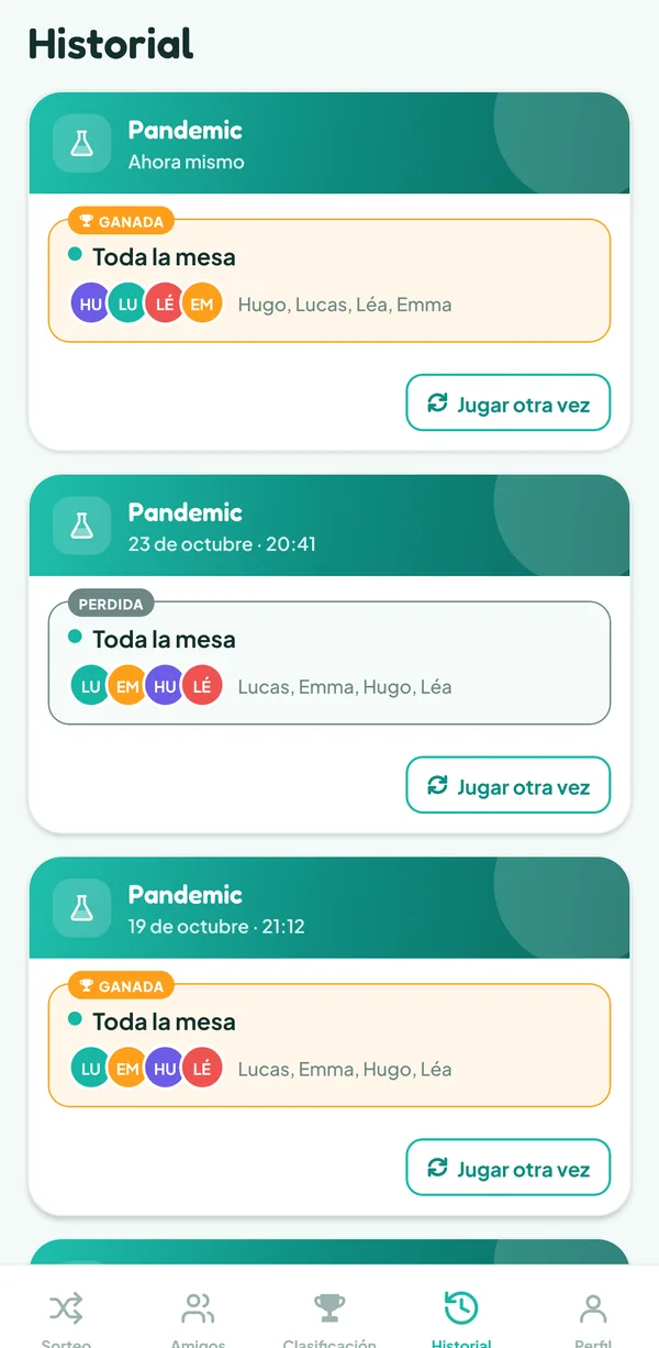 Pantalla de Teamzy: la partida de Pandemic en el historial, ganada por toda la mesa