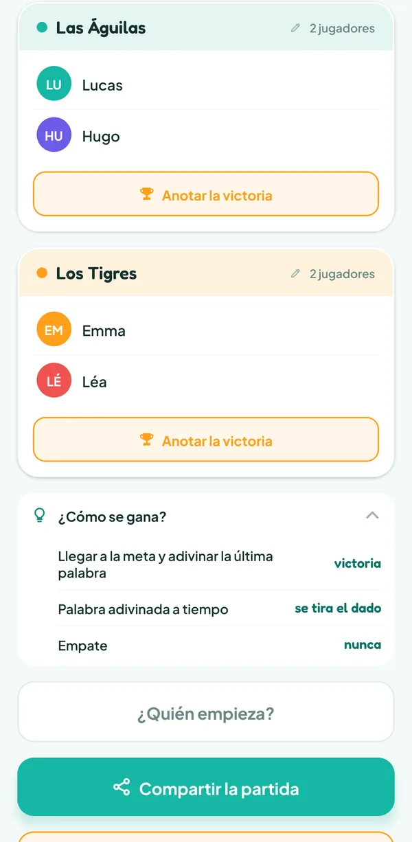 Pantalla de Teamzy: la ayuda "¿Cómo se gana?" de Pictionary: "Llegar a la meta y adivinar la última palabra", victoria; "Palabra adivinada a tiempo", se tira el dado; "Empate", nunca