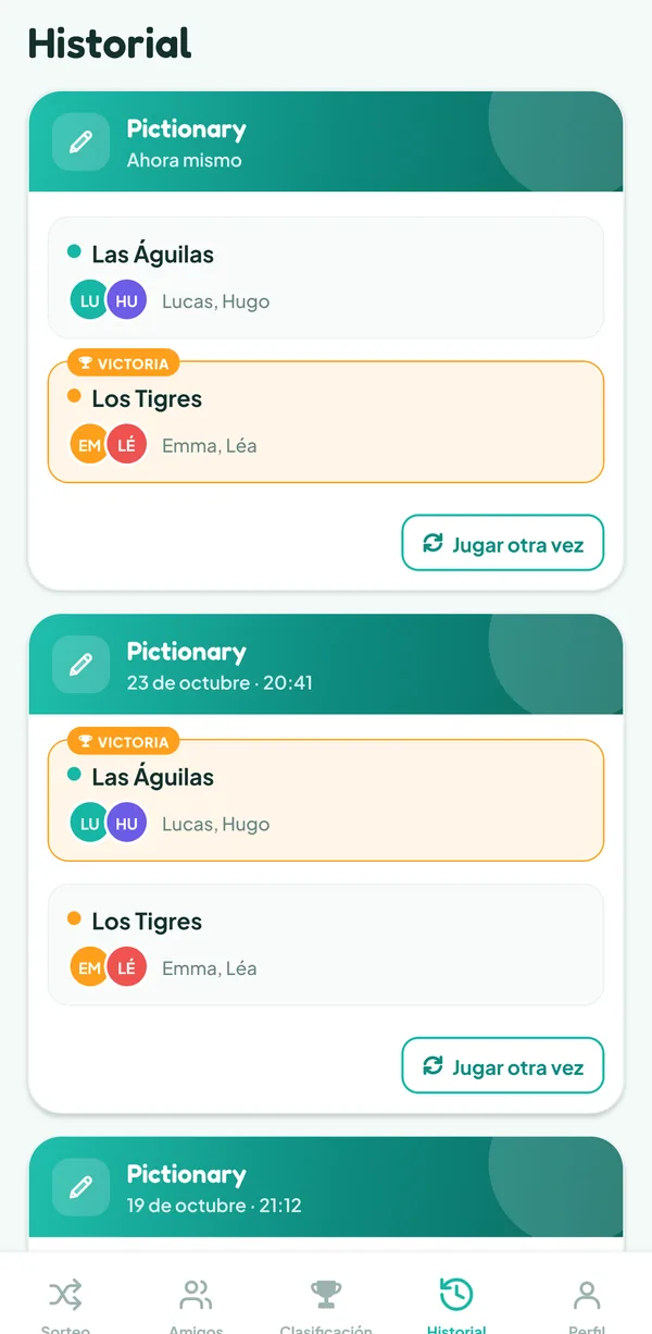 Pantalla de Teamzy: la partida de Pictionary en el historial, ganada por los Tigres