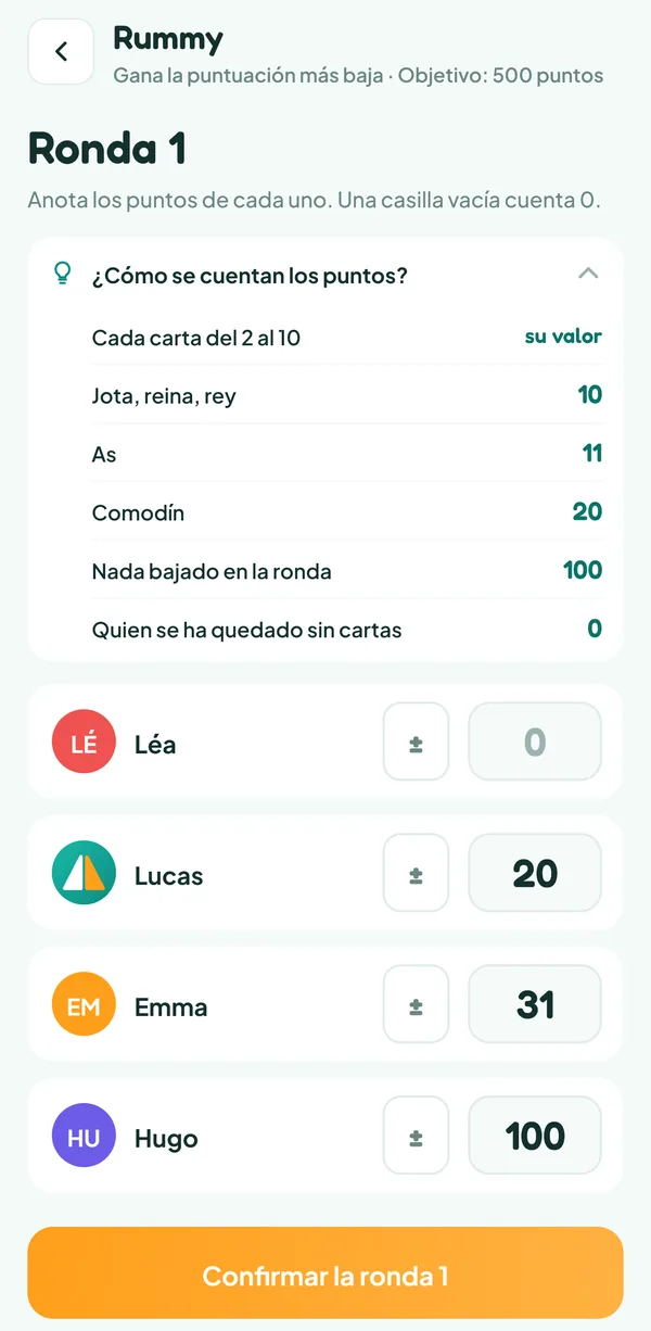 Pantalla de Teamzy: anotando la ronda 1 de una partida de Rummy, con el valor de las cartas y los puntos de Lucas, Emma y Hugo