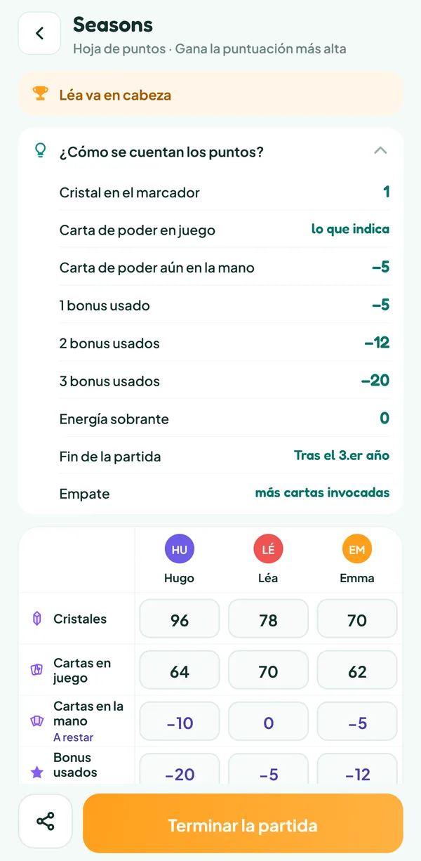 Pantalla de Teamzy: la ayuda "¿Cómo se cuentan los puntos?" de Seasons, con el valor de cada categoría y las penalizaciones de los bonus