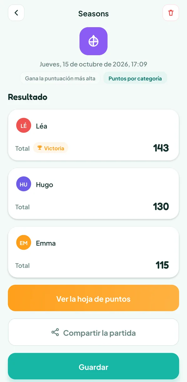 Pantalla de Teamzy: la partida de Seasons en el historial, ganada por Léa