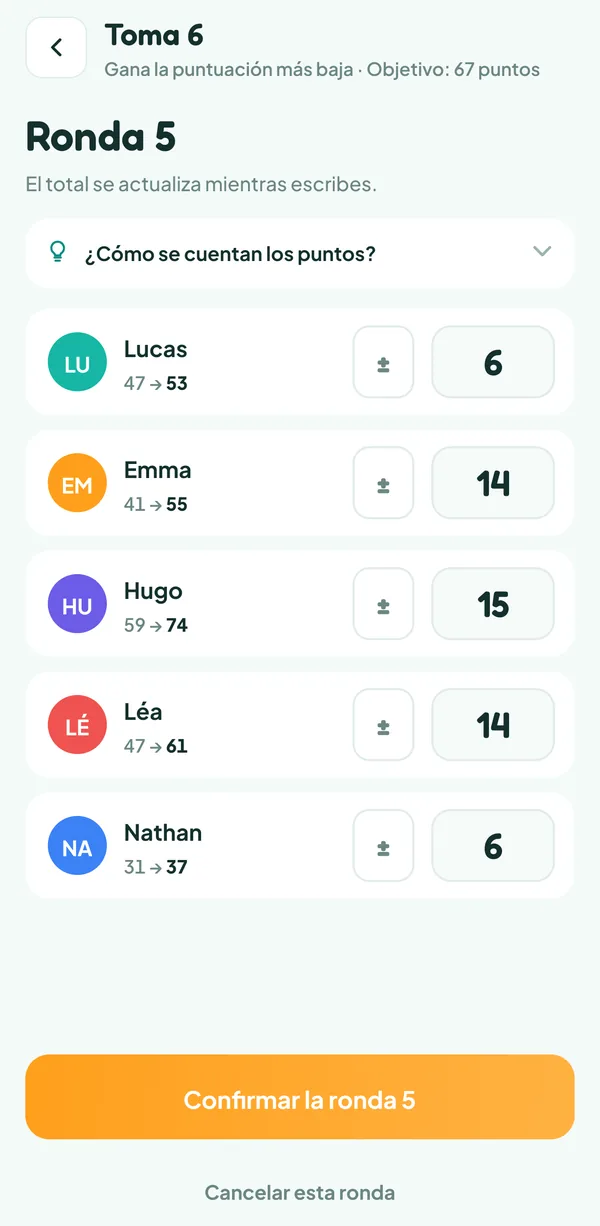 Pantalla de Teamzy: anotación de la ronda 5 de una partida de Toma 6, 6 cabezas de toro para Lucas, 14 para Emma, 15 para Hugo, 14 para Léa y 6 para Nathan