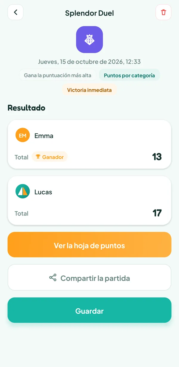 Pantalla de Teamzy: la partida de Splendor Duel en el historial, ganada por Emma por victoria inmediata