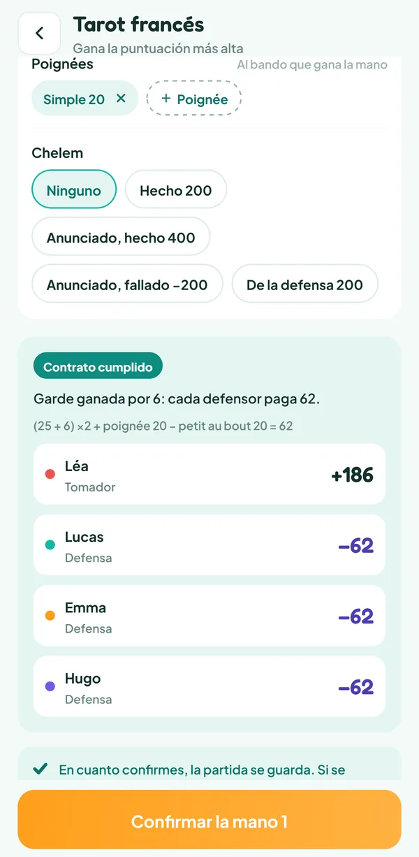Pantalla de Teamzy: la garde de Léa ganada por 6, +186 para ella y −62 para cada defensor