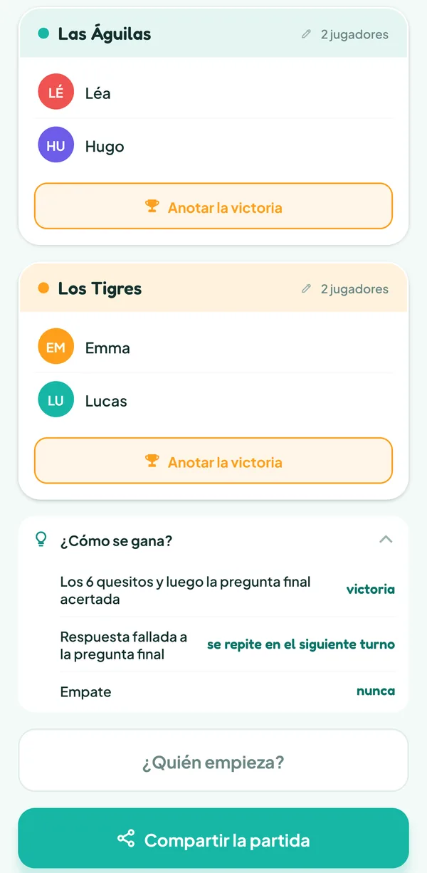 Pantalla de Teamzy: la ayuda "¿Cómo se gana?" de Trivial Pursuit: "Los 6 quesitos y luego la pregunta final acertada", victoria; "Respuesta fallada a la pregunta final", se repite en el siguiente turno; "Empate", nunca