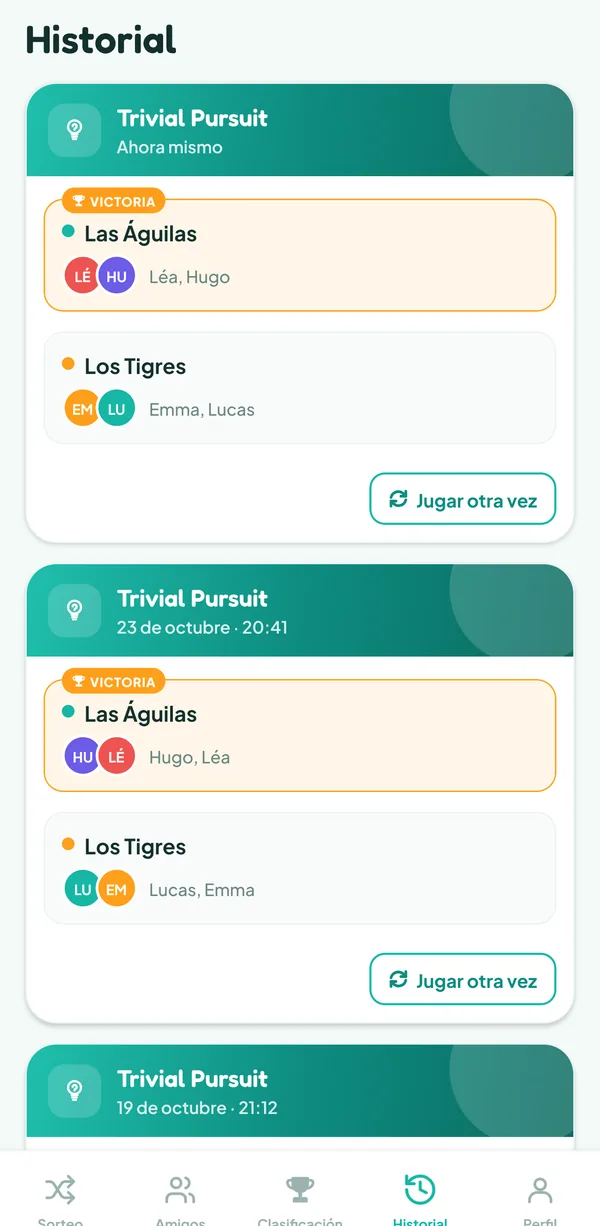 Pantalla de Teamzy: la partida de Trivial Pursuit en el historial, ganada por las Águilas