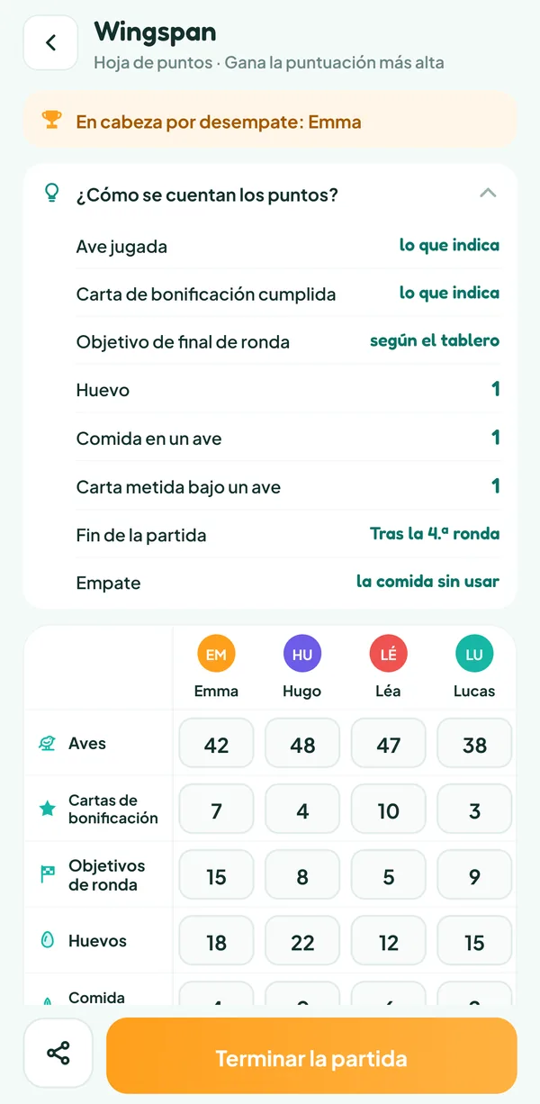 Pantalla de Teamzy: la ayuda "¿Cómo se cuentan los puntos?" de Wingspan, con el valor de las aves, las cartas de bonificación, los objetivos, los huevos, la comida y las cartas metidas