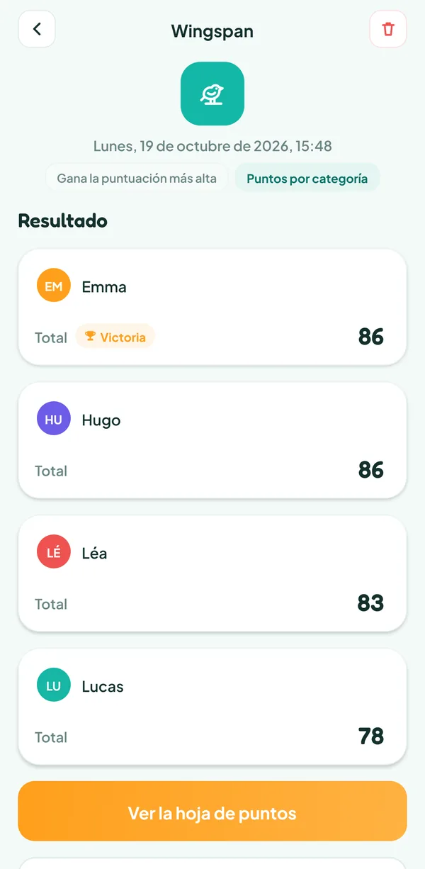 Pantalla de Teamzy: la partida de Wingspan en el historial, ganada por Emma