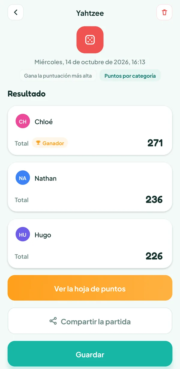 Pantalla de Teamzy: la partida de Yahtzee en el historial, Chloé gana con 271 puntos por delante de Nathan (236) y Hugo (226)