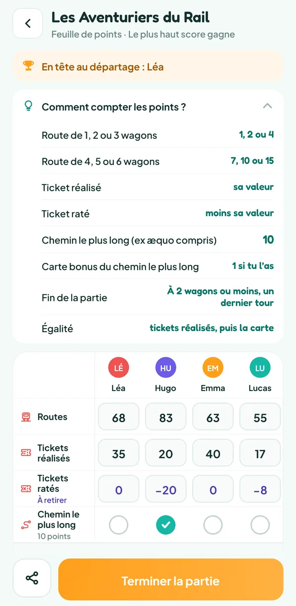 Écran de Teamzy : l'aide « Comment compter les points ? » des Aventuriers du Rail, avec la valeur des routes, des tickets et du chemin le plus long