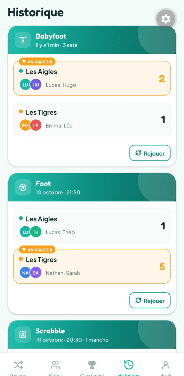 Écran de Teamzy : la partie de babyfoot dans l'historique, Les Aigles (Lucas, Hugo) gagnent 2 sets à 1 contre Les Tigres (Emma, Léa)