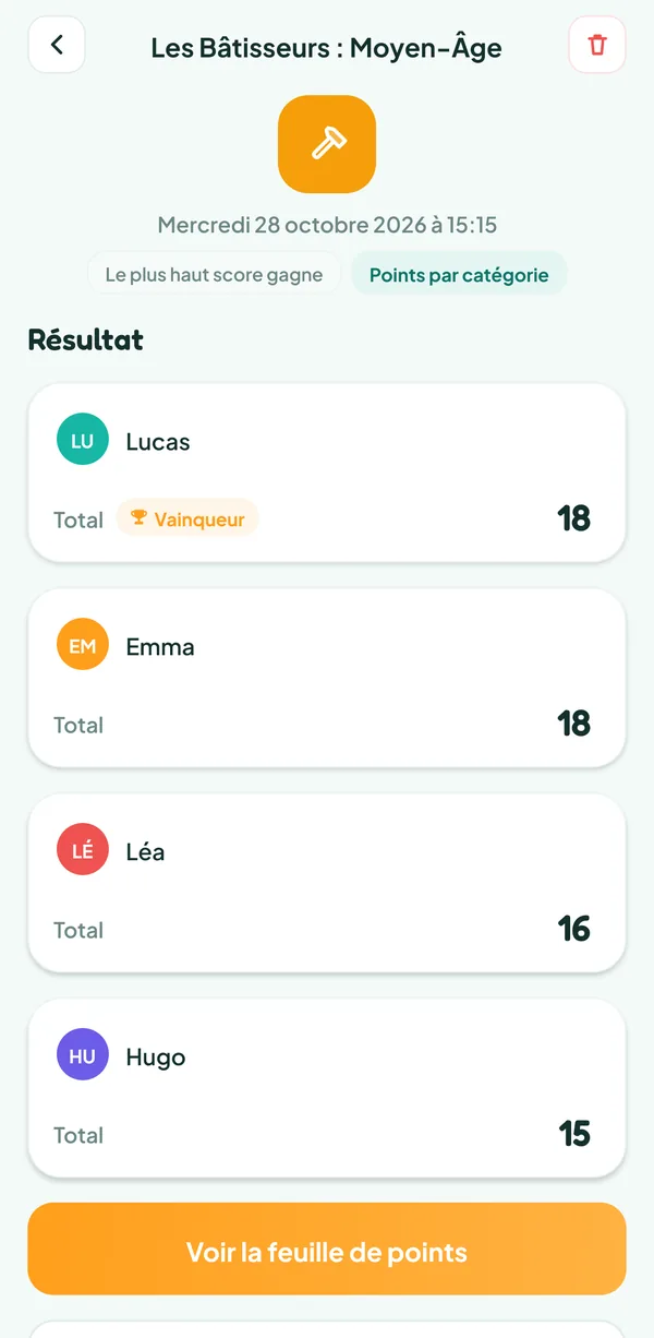 Écran de Teamzy : la partie des Bâtisseurs : Moyen-Âge dans l'historique, Lucas vainqueur, puis Emma, Léa et Hugo