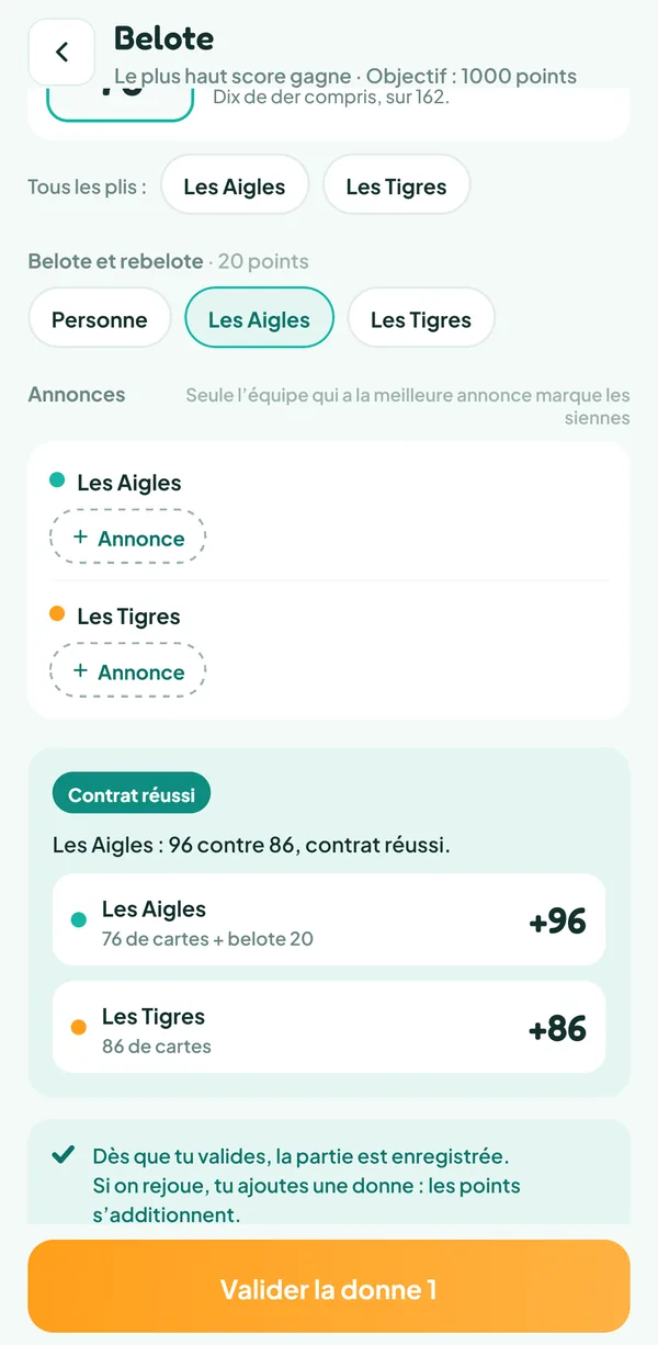 Écran de Teamzy : contrat réussi pour les Aigles grâce à la belote, 96 points contre 86