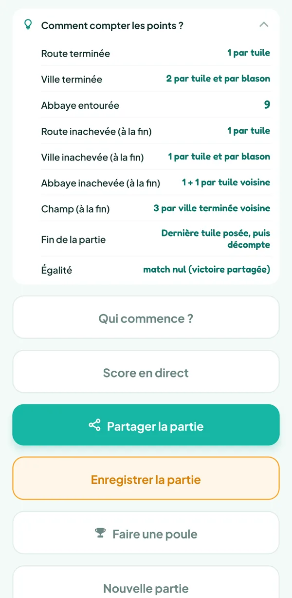 Écran de Teamzy : l'aide « Comment compter les points ? » de Carcassonne, avec la valeur des routes, villes et abbayes, terminées ou inachevées, et des champs