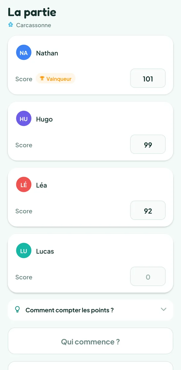 Écran de Teamzy : les scores finaux d'une partie de Carcassonne en cours de saisie, 101 pour Nathan, 99 pour Hugo et 92 pour Léa