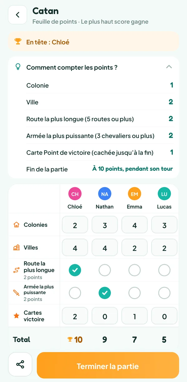 Écran de Teamzy : l'aide « Comment compter les points ? » de Catan, avec la valeur des colonies, des villes, des deux cartes spéciales et des cartes Point de victoire