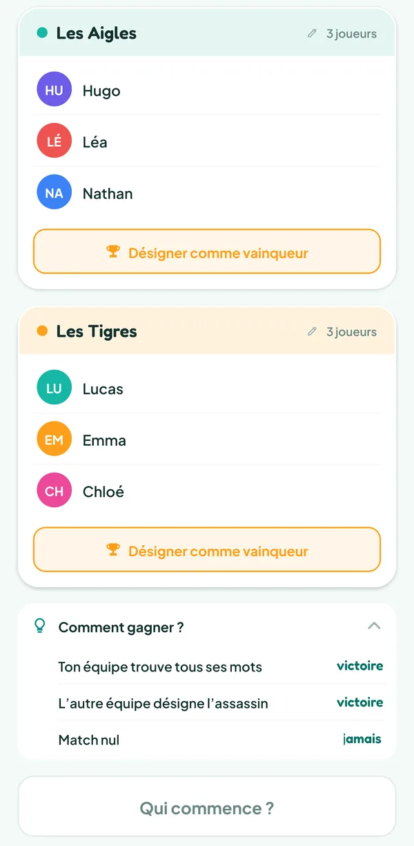 Écran de Teamzy : l'aide « Comment gagner ? » de Codenames : ton équipe trouve tous ses mots ou l'autre équipe désigne l'assassin, victoire dans les deux cas, jamais de match nul