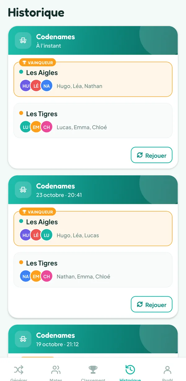 Écran de Teamzy : la partie de Codenames dans l'historique, gagnée par les Aigles