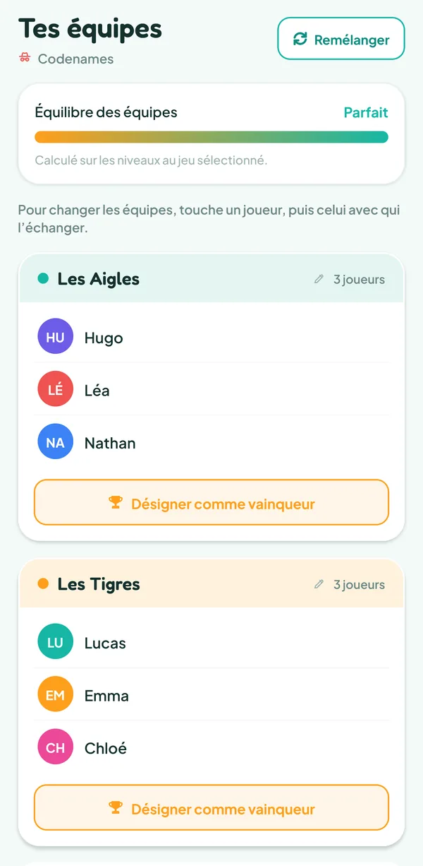 Écran de Teamzy : le tirage de Codenames, deux équipes de trois équilibrées par niveau, les Aigles (Hugo, Léa, Nathan) contre les Tigres (Lucas, Emma, Chloé)