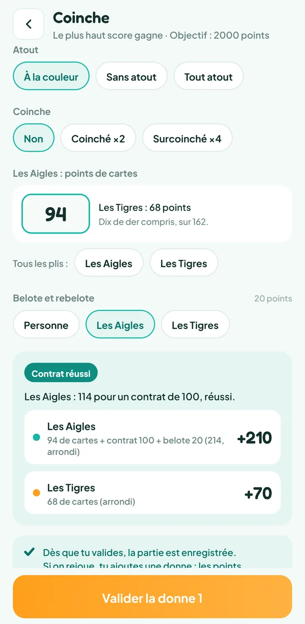 Écran de Teamzy : contrat de 100 réussi pour les Aigles grâce à la belote, 210 points contre 70 après l'arrondi
