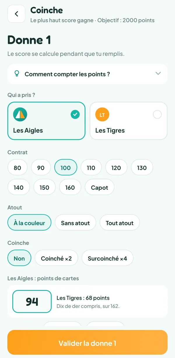 Écran de Teamzy : saisie d'une donne de Coinche, avec l'équipe qui a pris, le contrat de 100, l'atout, la coinche et les points de cartes