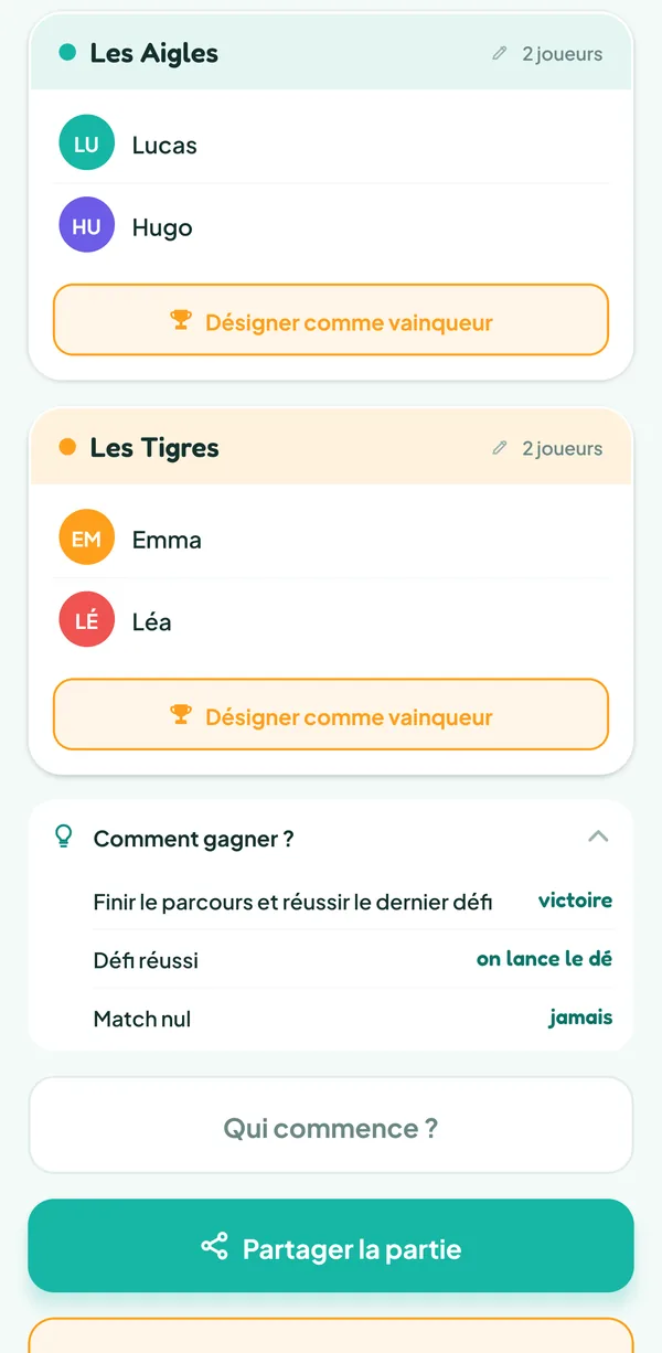 Écran de Teamzy : l'aide « Comment gagner ? » de Cranium : « Finir le parcours et réussir le dernier défi », victoire ; « Défi réussi », on lance le dé ; « Match nul », jamais