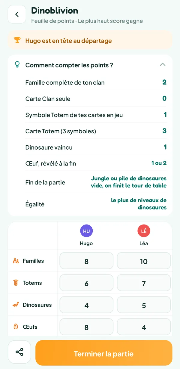 Écran de Teamzy : l'aide « Comment compter les points ? » de Dinoblivion, avec la valeur de chaque catégorie