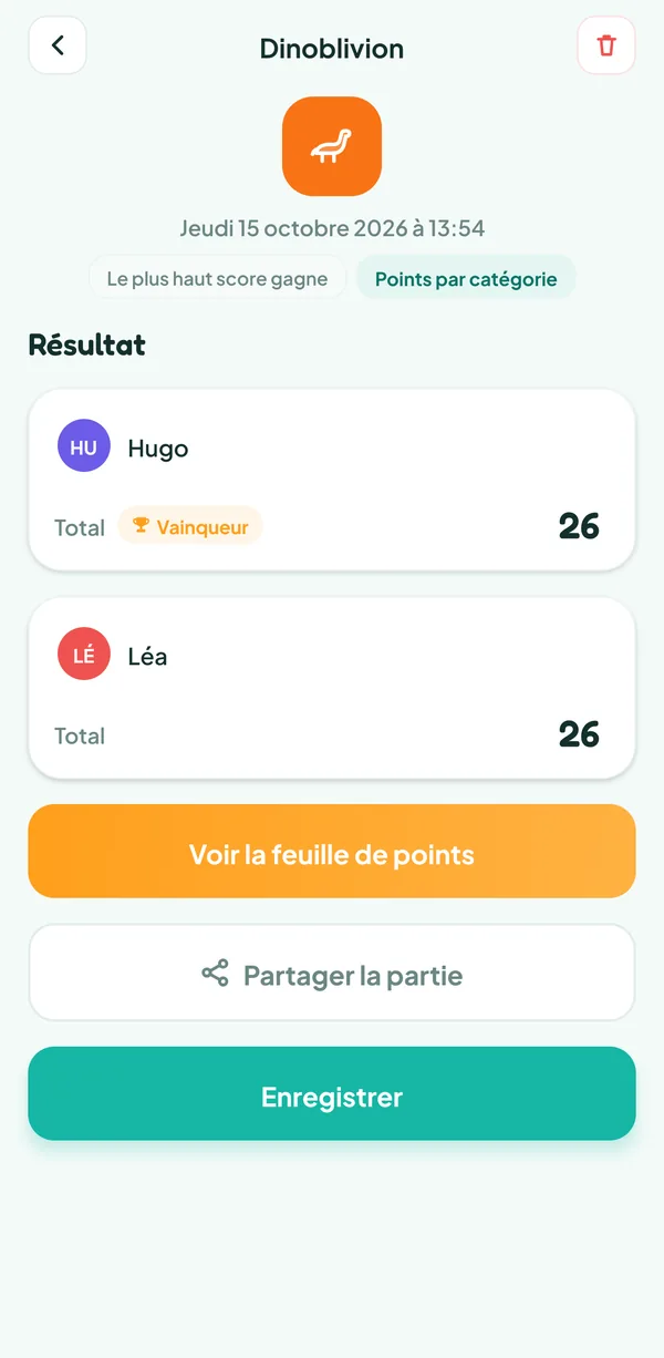 Écran de Teamzy : la partie de Dinoblivion dans l'historique, gagnée par Hugo