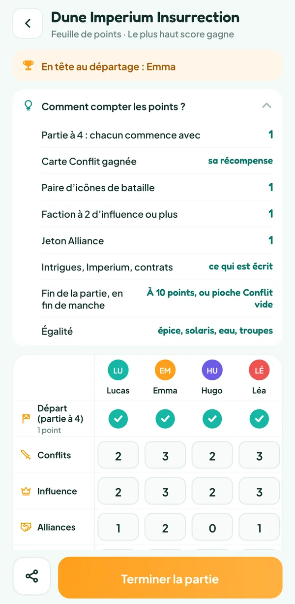 Écran de Teamzy : l'aide « Comment compter les points ? » de Dune Imperium Insurrection, avec la source de chaque point de victoire, la fin de partie et l'ordre du départage