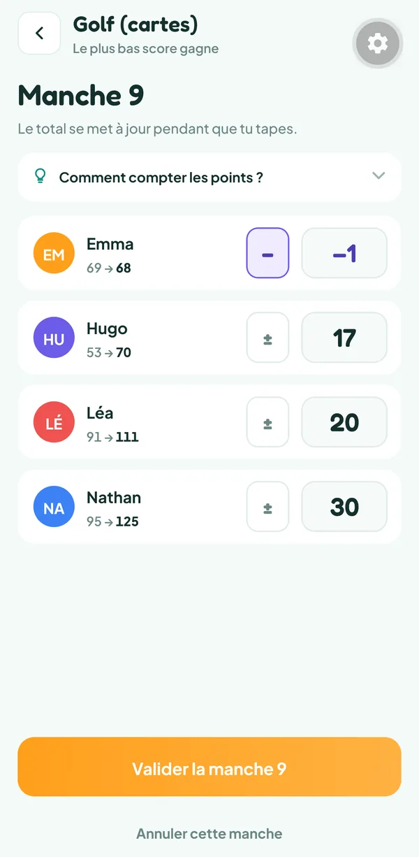 Écran de Teamzy : saisie de la manche 9 d'une partie de Golf (cartes), −1 pour Emma, 17 pour Hugo, 20 pour Léa et 30 pour Nathan