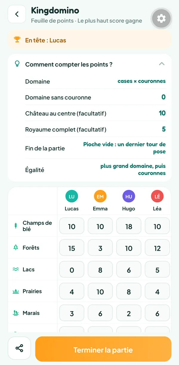 Écran de Teamzy : l'aide « Comment compter les points ? » de Kingdomino, avec la valeur d'un domaine, des deux bonus et du départage