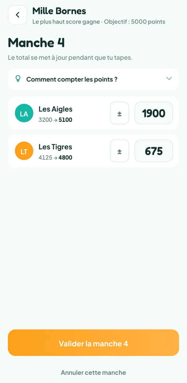Écran de Teamzy : saisie de la manche 4 au Mille Bornes, 1 900 points pour les Aigles et 675 pour les Tigres