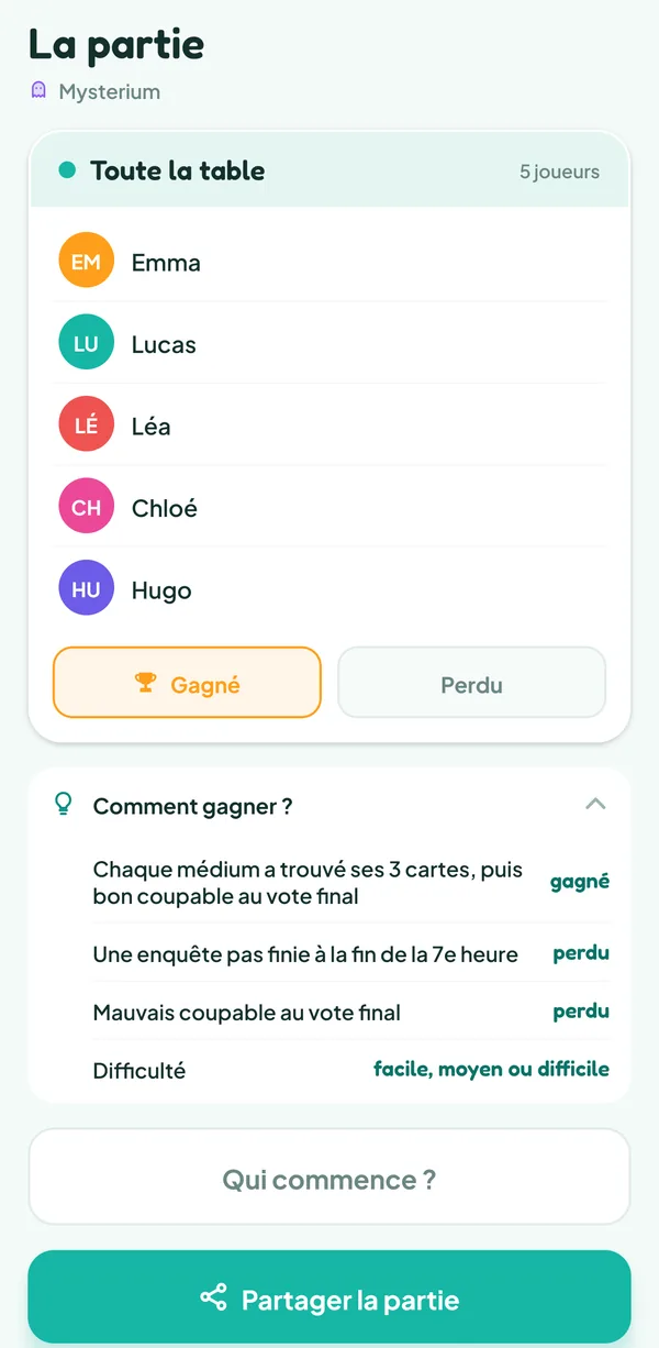 Écran de Teamzy : l'aide « Comment gagner ? » de Mysterium ouverte : « Chaque médium a trouvé ses 3 cartes, puis bon coupable au vote final : gagné », « Une enquête pas finie à la fin de la 7e heure : perdu », « Mauvais coupable au vote final : perdu », « Difficulté : facile, moyen ou difficile »