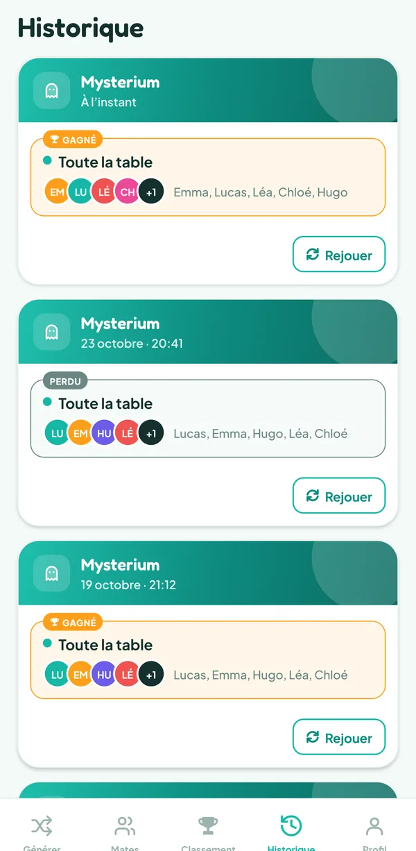 Écran de Teamzy : l'historique, la partie de Mysterium gagnée « À l'instant » en haut, avec les pastilles Gagné et Toute la table, puis une partie perdue et une gagnée