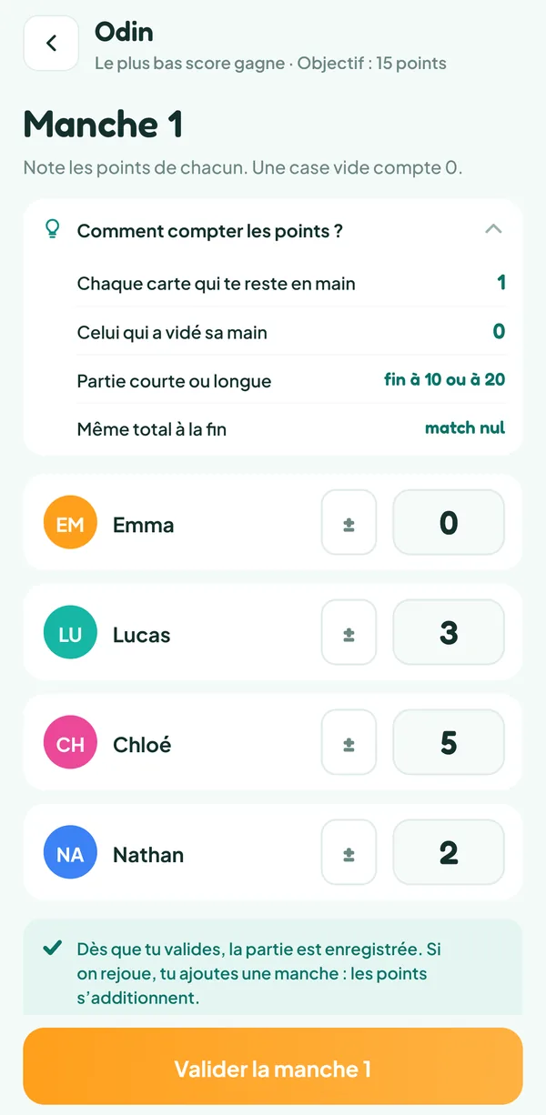 Écran de Teamzy : saisie de la manche 1 d'Odin avec l'aide « Comment compter les points ? » ouverte (chaque carte qui te reste en main, 1 ; celui qui a vidé sa main, 0 ; partie courte ou longue, fin à 10 ou à 20 ; même total à la fin, match nul), Emma 0, Lucas 3, Chloé 5 et Nathan 2