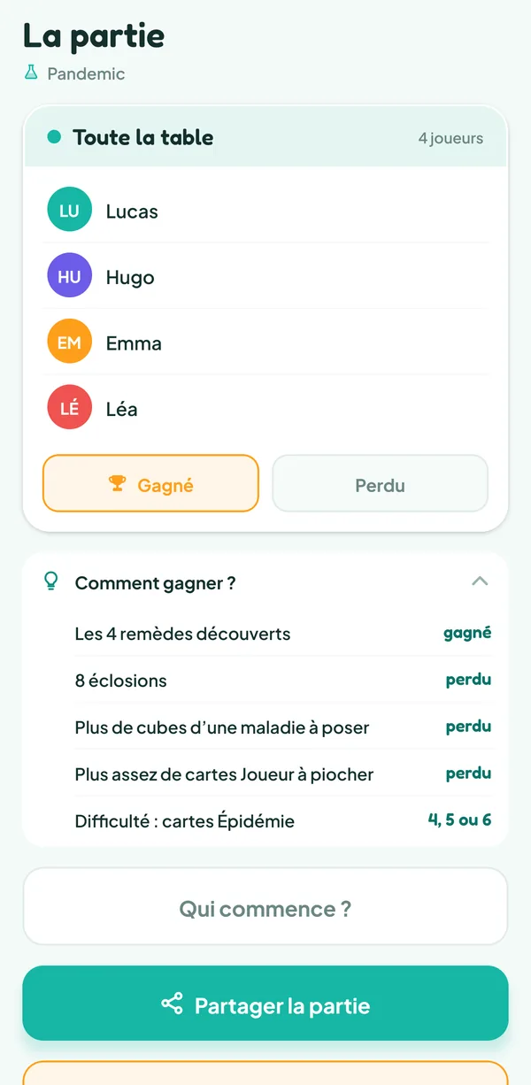 Écran de Teamzy : l'aide « Comment gagner ? » de Pandemic : les 4 remèdes découverts, c'est gagné ; 8 éclosions, plus de cubes ou plus de cartes Joueur, c'est perdu ; difficulté de 4, 5 ou 6 cartes Épidémie