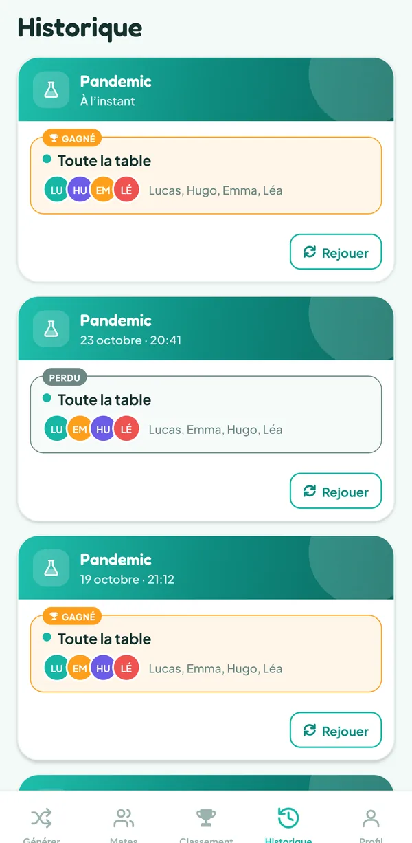 Écran de Teamzy : la partie de Pandemic dans l'historique, gagnée par toute la table