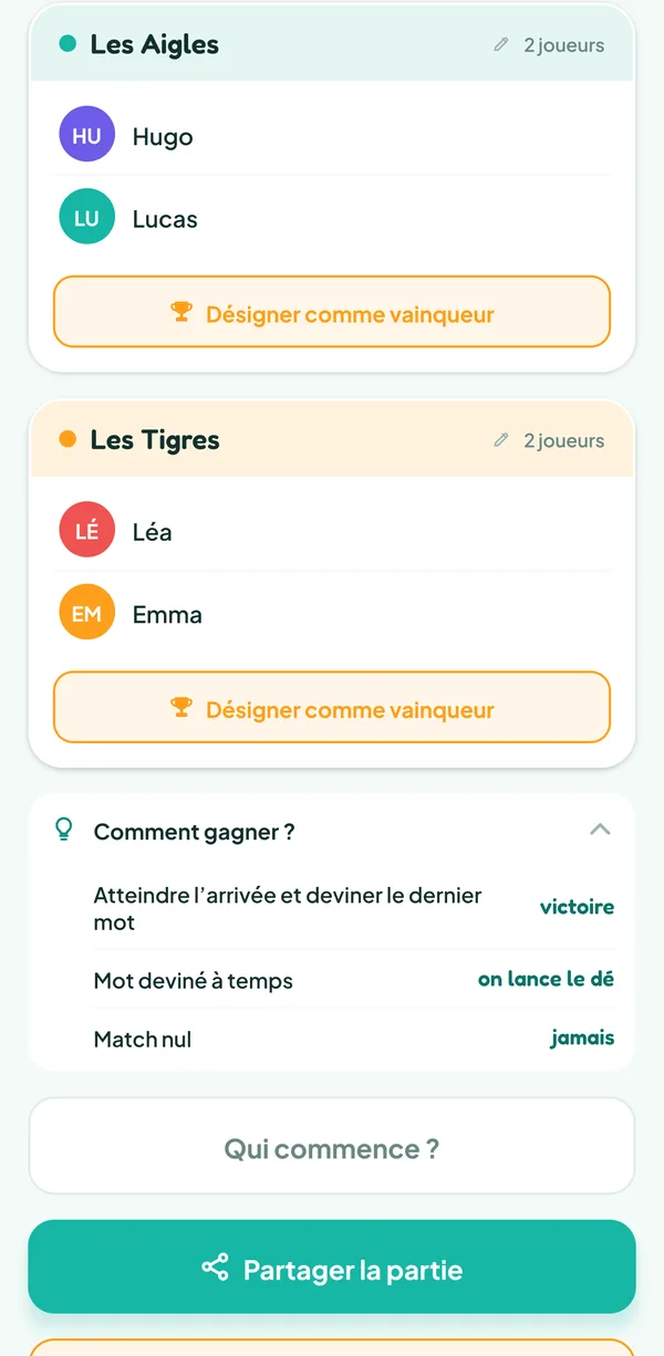 Écran de Teamzy : l'aide « Comment gagner ? » de Pictionary : « Atteindre l'arrivée et deviner le dernier mot », victoire ; « Mot deviné à temps », on lance le dé ; « Match nul », jamais