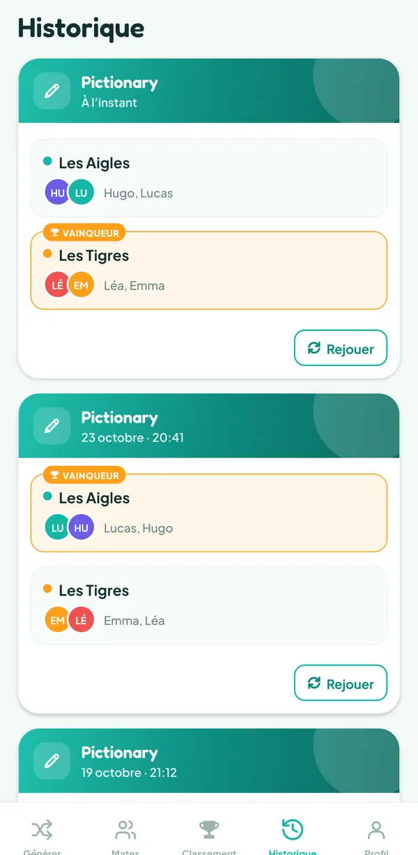 Écran de Teamzy : la partie de Pictionary dans l'historique, gagnée par les Tigres